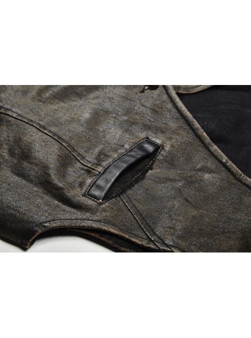Front Retro Metal Button Back Waist Leather Hasp Brown Punk Leather Waistcoat
