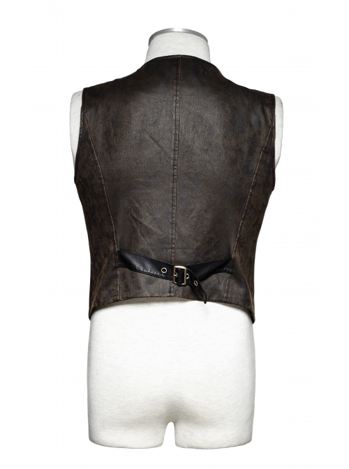 Front Retro Metal Button Back Waist Leather Hasp Brown Punk Leather Waistcoat