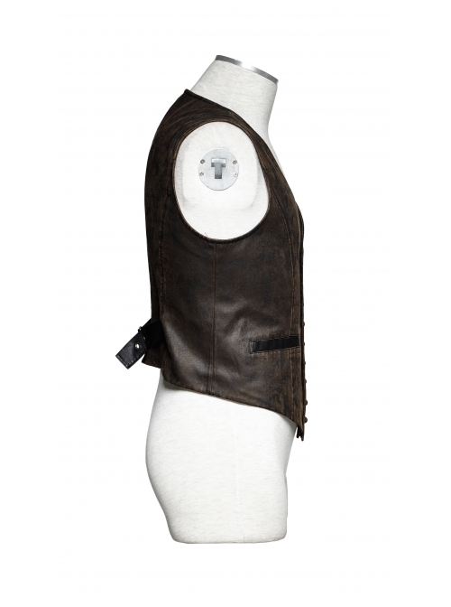 Front Retro Metal Button Back Waist Leather Hasp Brown Punk Leather Waistcoat