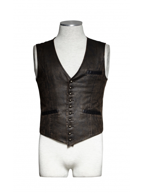 Front Retro Metal Button Back Waist Leather Hasp Brown Punk Leather Waistcoat