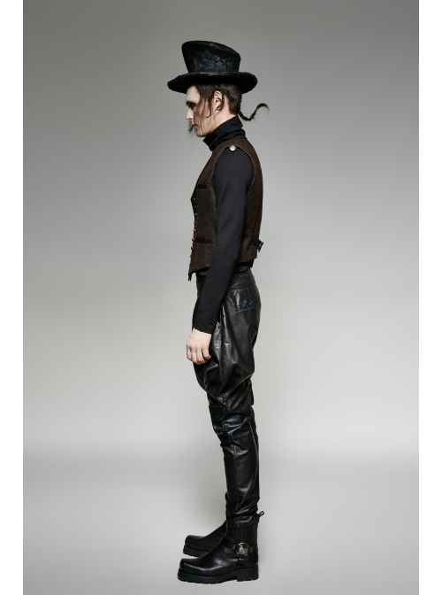 Front Retro Metal Button Back Waist Leather Hasp Brown Punk Leather Waistcoat