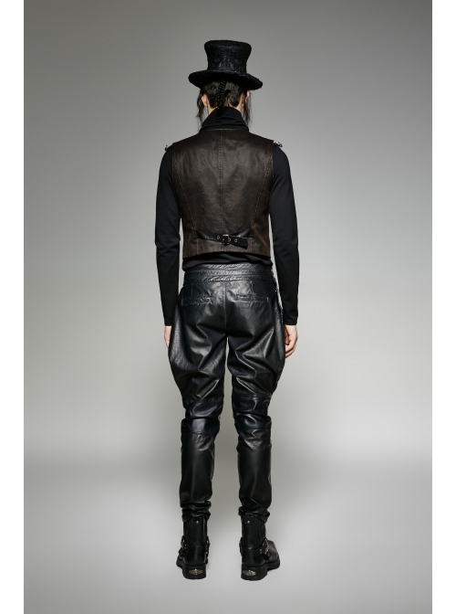 Front Retro Metal Button Back Waist Leather Hasp Brown Punk Leather Waistcoat