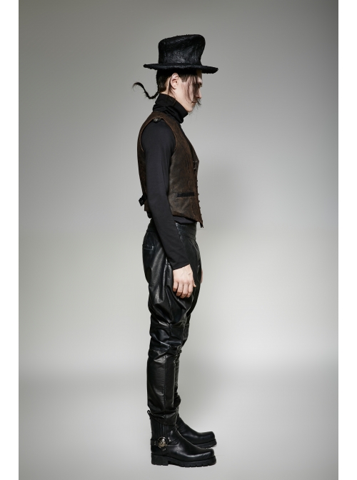 Front Retro Metal Button Back Waist Leather Hasp Brown Punk Leather Waistcoat