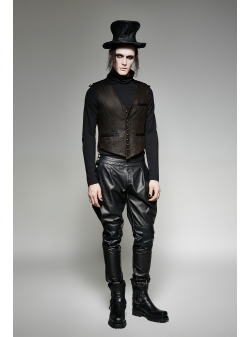 Front Retro Metal Button Back Waist Leather Hasp Brown Punk Leather Waistcoat