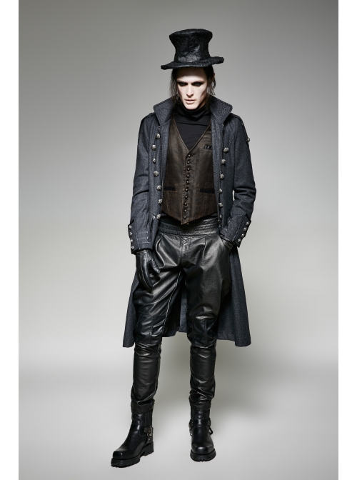 Front Retro Metal Button Back Waist Leather Hasp Brown Punk Leather Waistcoat