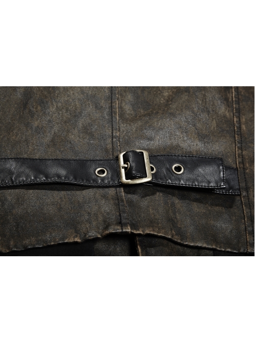 Front Retro Metal Button Back Waist Leather Hasp Brown Punk Leather Waistcoat