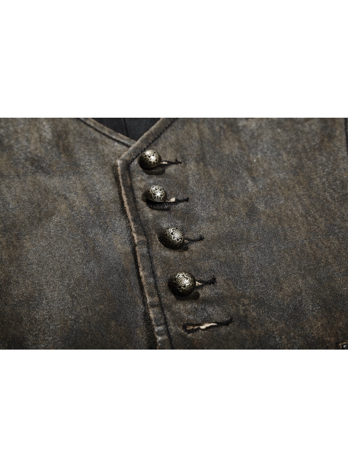 Front Retro Metal Button Back Waist Leather Hasp Brown Punk Leather Waistcoat