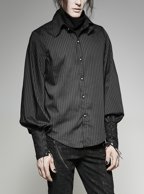 Front Retro Metal Button Lantern Sleeve Lace-Up Black Punk Striped Shirt