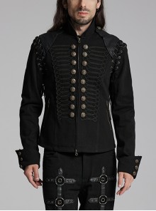 Front Chest Weave Strap Metal Retro Button Decoration Shoulder Lace-Up Long Sleeve Black Punk Coat