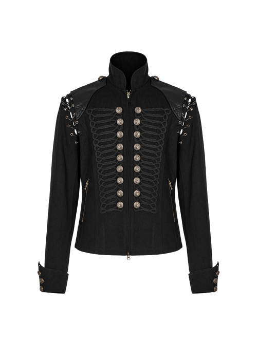 Front Chest Weave Strap Metal Retro Button Decoration Shoulder Lace-Up Long Sleeve Black Punk Coat