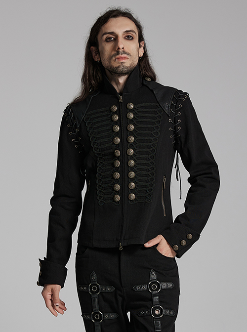 Front Chest Weave Strap Metal Retro Button Decoration Shoulder Lace-Up Long Sleeve Black Punk Coat