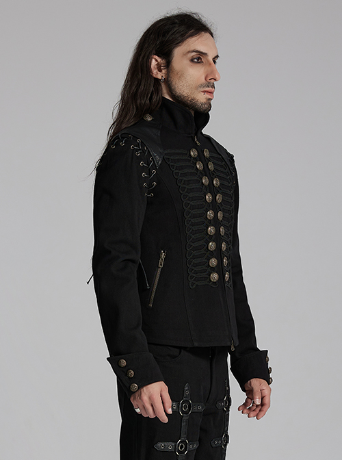 Front Chest Weave Strap Metal Retro Button Decoration Shoulder Lace-Up Long Sleeve Black Punk Coat