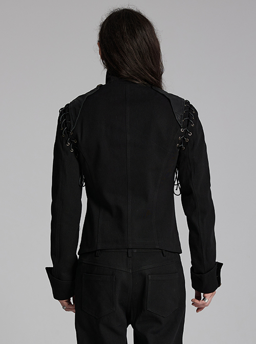 Front Chest Weave Strap Metal Retro Button Decoration Shoulder Lace-Up Long Sleeve Black Punk Coat