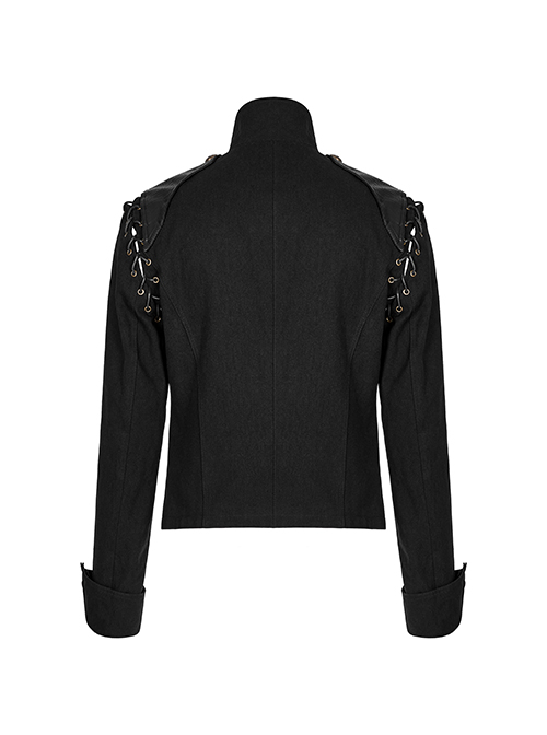 Front Chest Weave Strap Metal Retro Button Decoration Shoulder Lace-Up Long Sleeve Black Punk Coat