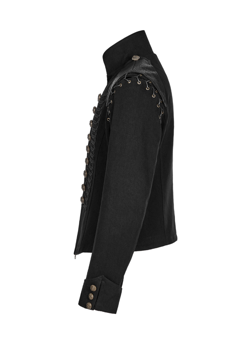 Front Chest Weave Strap Metal Retro Button Decoration Shoulder Lace-Up Long Sleeve Black Punk Coat