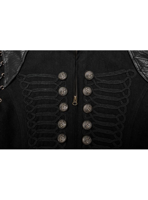 Front Chest Weave Strap Metal Retro Button Decoration Shoulder Lace-Up Long Sleeve Black Punk Coat