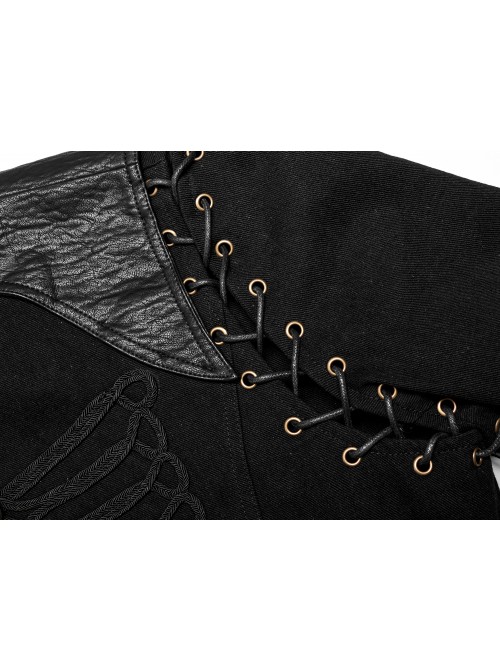 Front Chest Weave Strap Metal Retro Button Decoration Shoulder Lace-Up Long Sleeve Black Punk Coat