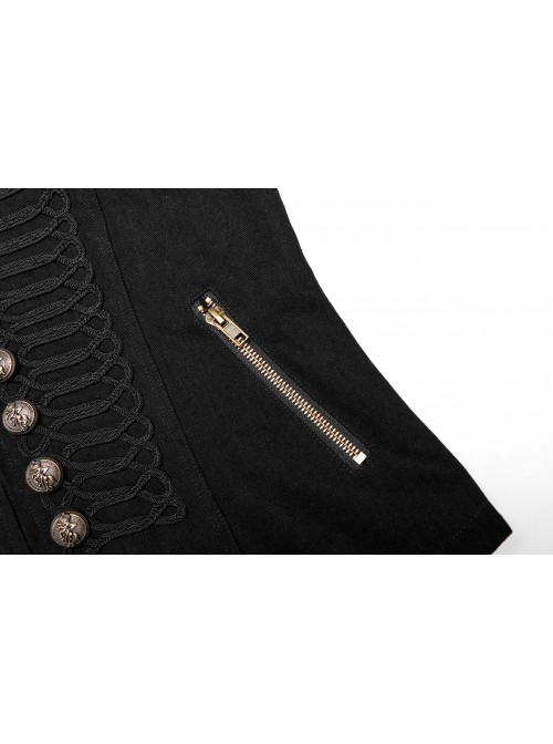 Front Chest Weave Strap Metal Retro Button Decoration Shoulder Lace-Up Long Sleeve Black Punk Coat