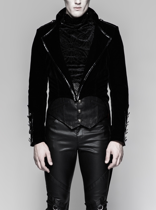 Black Gothic Woven Strap Metal Retro Button Decoration Swallowtail Hem Coat