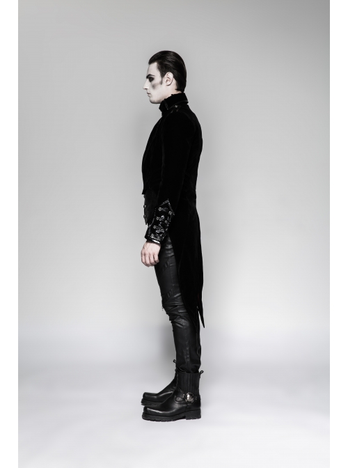 Black Gothic Woven Strap Metal Retro Button Decoration Swallowtail Hem Coat