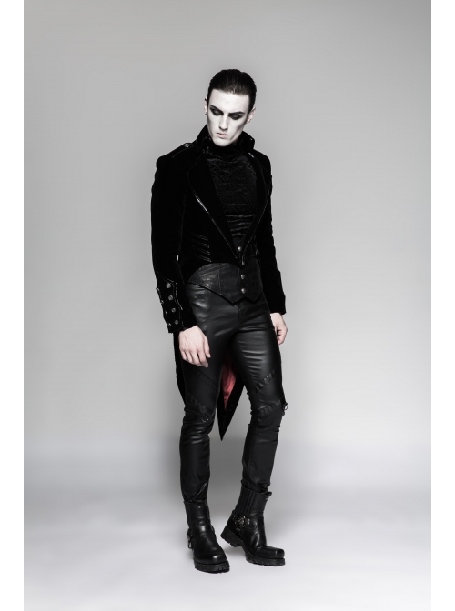 Black Gothic Woven Strap Metal Retro Button Decoration Swallowtail Hem Coat