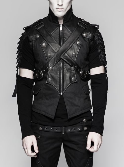 Stand-Up Collar Front Chest Retro Button Metal Buckle Leather Strap Black Punk Denim Vest