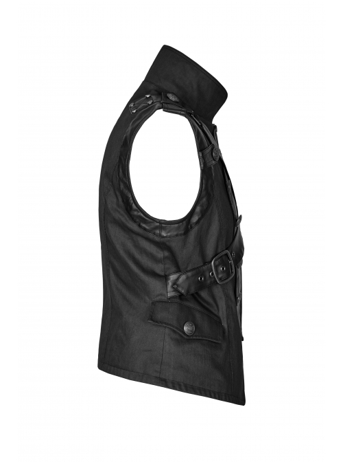 Stand-Up Collar Front Chest Retro Button Metal Buckle Leather Strap Black Punk Denim Vest