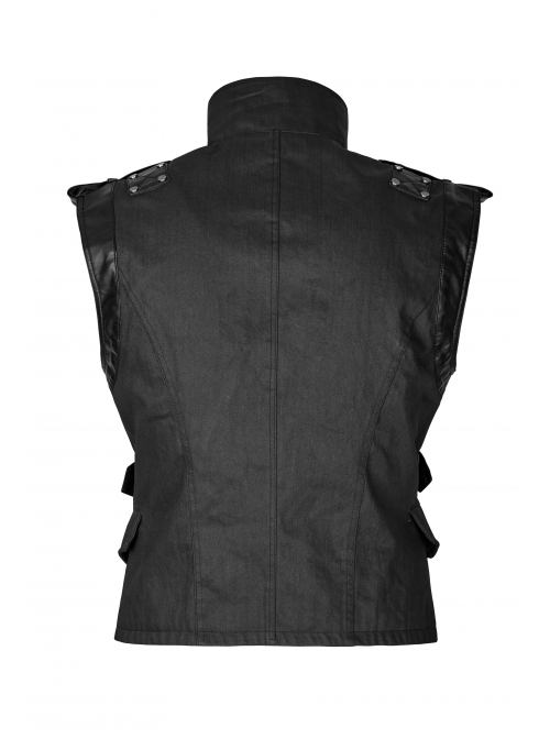 Stand-Up Collar Front Chest Retro Button Metal Buckle Leather Strap Black Punk Denim Vest