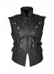 Stand-Up Collar Front Chest Retro Button Metal Buckle Leather Strap Black Punk Denim Vest