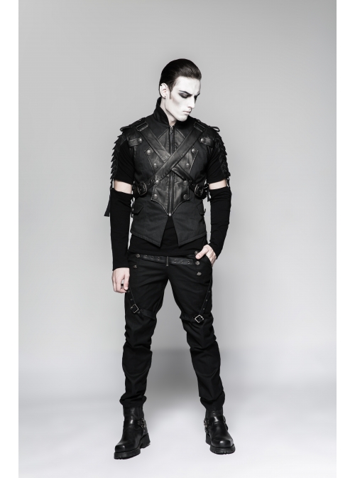 Stand-Up Collar Front Chest Retro Button Metal Buckle Leather Strap Black Punk Denim Vest