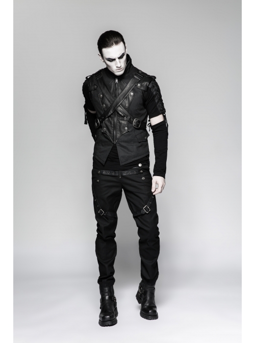 Stand-Up Collar Front Chest Retro Button Metal Buckle Leather Strap Black Punk Denim Vest