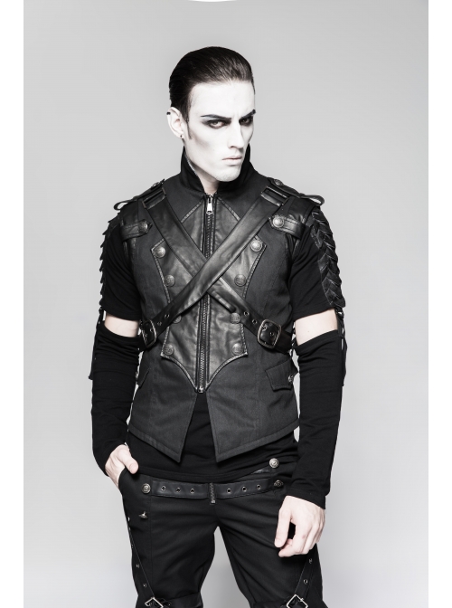 Stand-Up Collar Front Chest Retro Button Metal Buckle Leather Strap Black Punk Denim Vest
