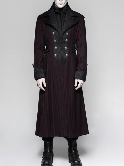 Jacquard Collar Front Chest Retro Metal Button Side Leather Hasp Dark Red Punk Striped Long Coat