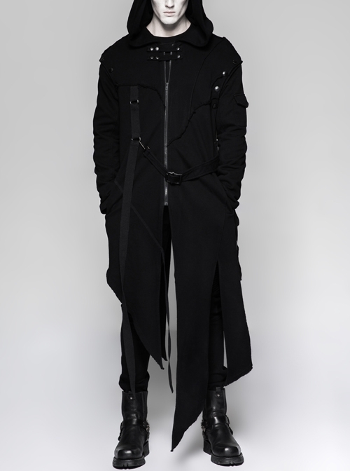 Metal Button Strap Decoration Long Sleeve Irregular Hem Black Punk Fleece Long Coat