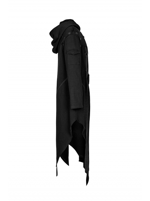 Metal Button Strap Decoration Long Sleeve Irregular Hem Black Punk Fleece Long Coat