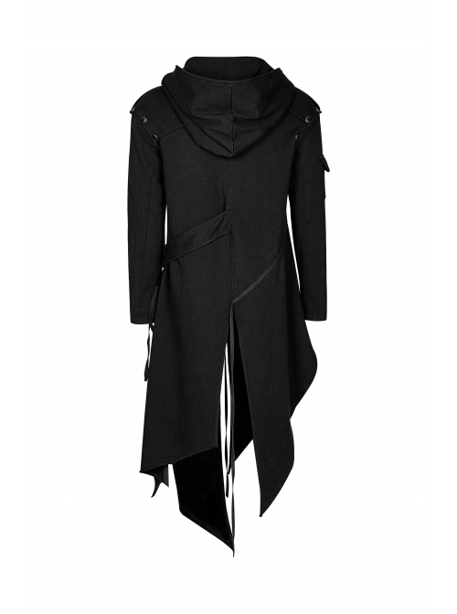 Metal Button Strap Decoration Long Sleeve Irregular Hem Black Punk Fleece Long Coat
