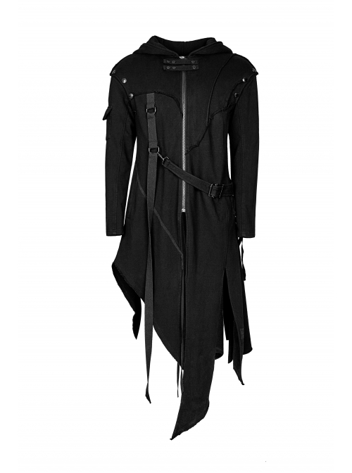 Metal Button Strap Decoration Long Sleeve Irregular Hem Black Punk Fleece Long Coat