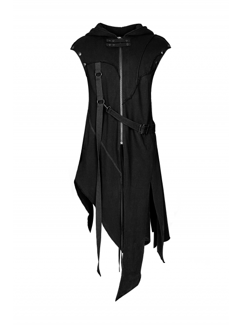 Metal Button Strap Decoration Long Sleeve Irregular Hem Black Punk Fleece Long Coat