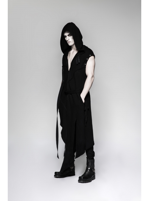 Metal Button Strap Decoration Long Sleeve Irregular Hem Black Punk Fleece Long Coat