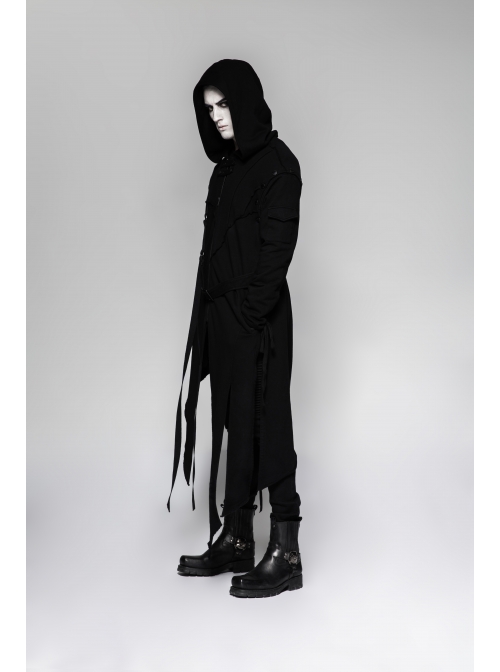 Metal Button Strap Decoration Long Sleeve Irregular Hem Black Punk Fleece Long Coat