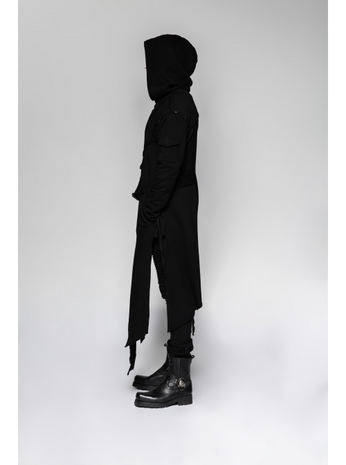 Metal Button Strap Decoration Long Sleeve Irregular Hem Black Punk Fleece Long Coat