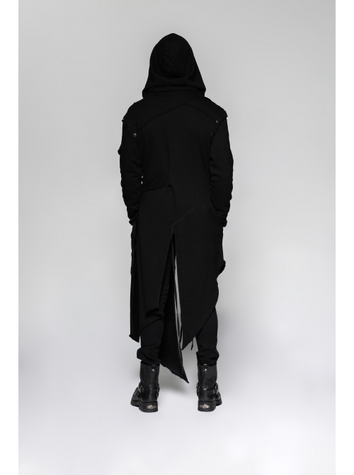 Metal Button Strap Decoration Long Sleeve Irregular Hem Black Punk Fleece Long Coat