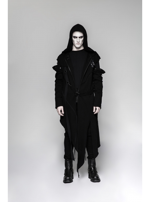 Metal Button Strap Decoration Long Sleeve Irregular Hem Black Punk Fleece Long Coat