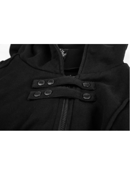 Metal Button Strap Decoration Long Sleeve Irregular Hem Black Punk Fleece Long Coat