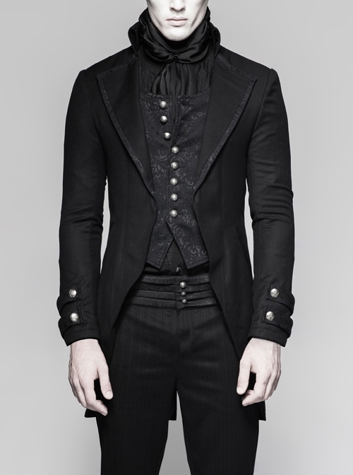 Fake Two-Piece Front Chest Splice Jacquard Retro Metal Button Black Punk Coat