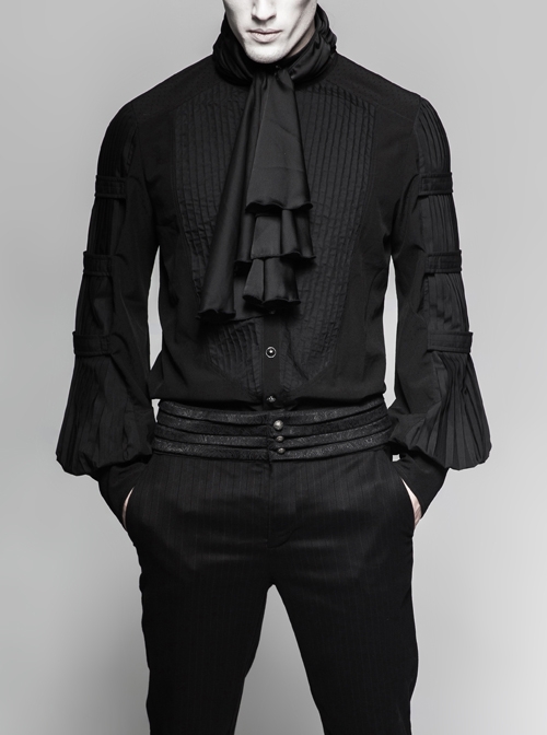 High Collar Front Chest Flounce Metal Button Pleated Lantern Sleeve Black Gothic Shirt