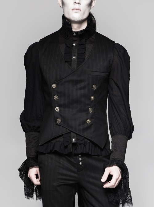 Front Double Row Retro Chinese Style Buckle Back Waist Metal Hasp Black Punk Striped Vest