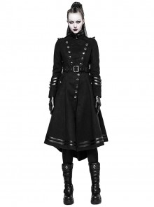 High Collar Front Metal Button Decoration Hasp Belt Big Wave Hem Black Punk Worsted Long Coat