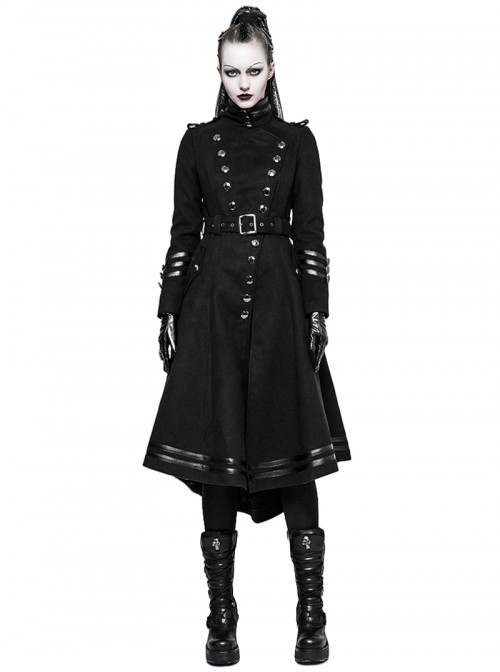 High Collar Front Metal Button Decoration Hasp Belt Big Wave Hem Black Punk Worsted Long Coat