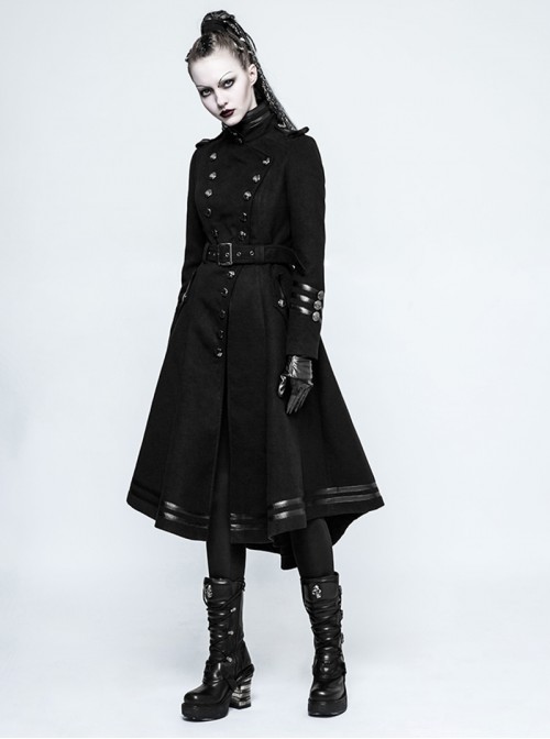 High Collar Front Metal Button Decoration Hasp Belt Big Wave Hem Black Punk Worsted Long Coat